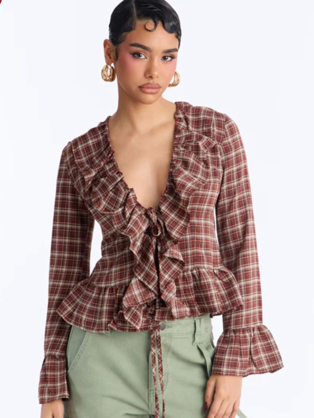 Fashion Nova Burgundy Plaid Ruffle Tie-Front Blouse